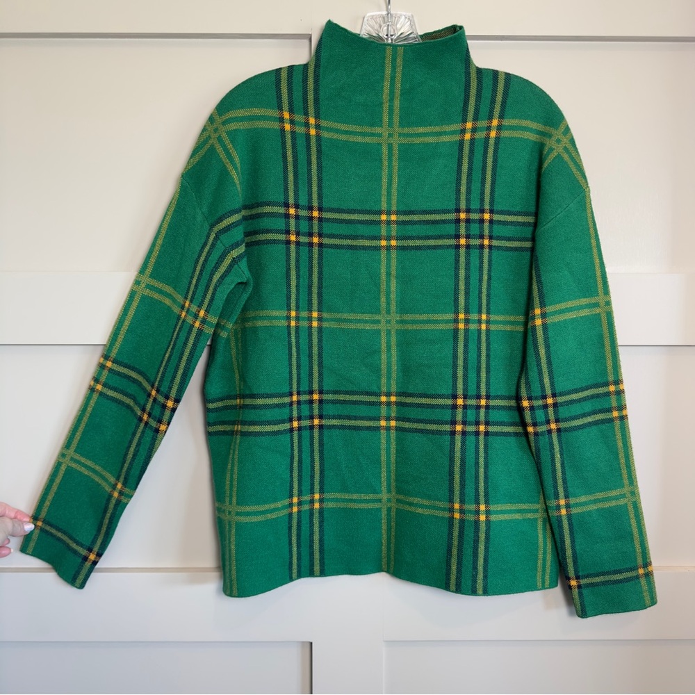 Tahari Sweater Plaid Knit Mock Neck Long Sleeve Pullover Green Women’s Med